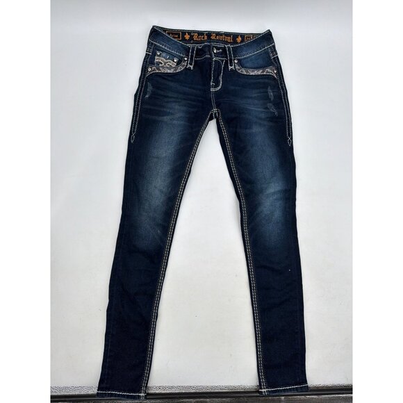 Rock Revival Arisa Womens 26 Dark Wash Skinny Jeans Embellished Pockets - Picture 2 of 7
